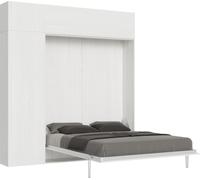 Cama doble Kentaro en blanco con patas de columna - Panel superior para la pared - Panel para la pared sobre las columnas - Cama abatible