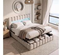 Cama doble maletero de 140 x 200 cm, cama de burbujas acolchada con espacio de almacenamiento hidráulico, cama de 2 plazas de 140 x 200, marco de camas con somier para adultos y Ado,sin colchón