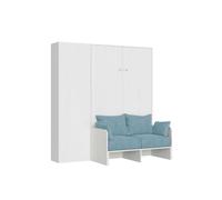 Cama doble plegable francesa Kentaro de 140 cm con sofá y columna en fresno blanco y azul claro - Itamoby