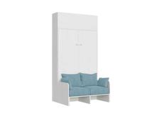 Cama doble plegable francesa Kentaro de 140 cm con sofá y mueble alto de fresno blanco, azul claro - Itamoby