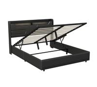 Cama Doble Tapizada 140x200/160x200 cm en PU Negro con LED RGB, Canapé Abatible y Cabecero con Carga 160x200 cm