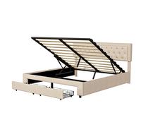 Cama doble tapizada 160 x 200 cm con canapé abatible hidráulico y cajones, terciopelo beige, somier de láminas