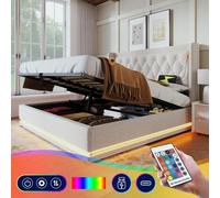 Cama doble tapizada de 140*200 cm, con estructura de algodón color beige. Cama con espacio de almacenamiento hidráulico y cabecero acolchado con función de carga USB tipo C