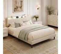 Cama doble tapizada de 160 x 200 cm con LED, cama juvenil con somier, lino | 18 cm de distancia al suelo, construcción de madera de metal resistente, funda de fácil cuidado, ideal para dormitorios y