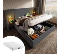 Cama doble tapizada de 160x200 con mesitas de noche, lámpara de lectura y puerto USB tipo C, estructura de cama con espacio de almacenamiento, color gris, tela de lino. Incluye colchón