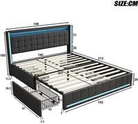 Cama doble tapizada en color gris oscuro - 140x200 cm - Madera - Con cajones de almacenamiento - Mueble para dormitorio