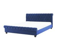 Cama Doble Tapizada En Terciopelo Azul 180 X 200 Cm Con Cabecero Acolchado Estilo Glam Avallon