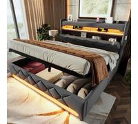 Cama doble tapizada, tamaño 180x200 cm, con espacio de almacenamiento en el cabecero, puertos USB y tipo C, función LED envolvente de 360 grados alrededor del cabecero y el piecero. Cama con espacio d