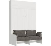 Cama doble tipo sofá Kentaro, madera de fresno, color blanco, con armario superior iluminado y cama abatible