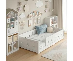 Cama en el suelo infantil de 140 x 200 cm, cama Montessori con barrera de seguridad y somier de láminas, marco de camas infantiles de madera maciza reforzada con pino, cama infantil con estrellas luna