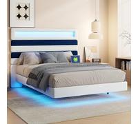 Cama flotante, Cama 140 x 190 cm con iluminación LED, Camas dobles acolchadas con 2 puertos USB, Marco de cama con somier de láminas, Camas para 2 personas con cabecera, Moderno (Beige+Azul, 140×190)