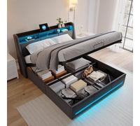 Cama gris de 140x190 cm - Con tira de luces LED y puerto de carga USB - Mueble moderno para el dormitorio