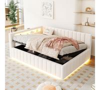 Cama hidráulica acolchada de 140x200 cm con USB, sofá cama tipo chaise longue con LED, cama doble para jóvenes con espacio de almacenamiento, tapizada en terciopelo, color beige