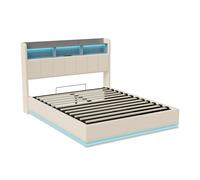 Cama individual 140x190 cm de terciopelo beige con almacenamiento, luz LED inferior y estantería en cabecera