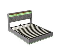 Cama individual 160x200 cm tapizada en lino gris oscuro con canapé abatible, LED RGB, cabecero con estantes, USB y USB-C