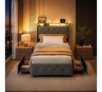 Cama Individual 90x200 con Almacenaje, Estructura Cama con Iluminación LED y Estación de Carga, Cama Juvenil con 2 Cajones, Cama Casal con Cabecero Tapizado, Terciopelo Gris
