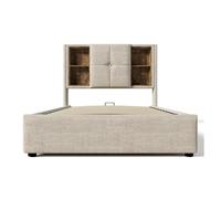 Cama individual 90x200cm - carga inalámbrica usb-c, con almacenamiento, base de madera, lino natural (con colchón)
