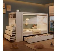 Cama individual, cuna infantil con barandillas de protección y rejilla, cama de madera con espacio de almacenamiento, armario de almacenamiento con 5 cajones, cajón con ruedas, amplio espacio de almac