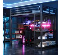 Cama individual de 140x200 con iluminación LED y enchufes europeos, cama multifuncional con escritorio y espacio de almacenamiento, cama para estudiantes con panel perforado, color , sin colchón
