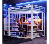 Cama individual de 140x200 con iluminación LED y enchufes europeos, cama multifuncional con escritorio y espacio de almacenamiento, cama para estudiantes con panel perforado, color blanco, sin colchón