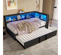 Cama individual de 90 x 200 y 90 x 190 cm con armarios de almacenamiento | Cama infantil con cama nido y somier, cama de día para adultos y adolescentes, cama funcional sin colchón