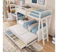 Cama individual de 90x200 cm, cama infantil con cama abatible, estructura de cama con escalera y 3 cajones, fabricada en madera de pino y MDF, color blanco (sin colchón)