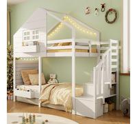 Cama individual de 90x200 cm, cama infantil con estante de pared con ganchos, cama juvenil con escalera y espacio de almacenamiento, fabricada en madera maciza, color blanco (sin colchón)