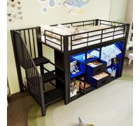 Cama individual de 90x200 cm, estructura sin colchón, cama infantil con iluminación LED y armario abierto, cama individual con varios compartimentos de almacenamiento, color