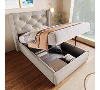 Cama individual hidráulica con cabecera tapizada, 90x200 cm, con somier de rejilla metálica. Estructura de cama moderna con espacio de almacenamiento. Funda de algodón (gris claro, 90x200 cm)