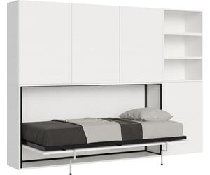 Cama individual Kando, de fresno en color blanco, composición F, con colchón y estructura abatible