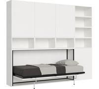 Cama individual Kando, de fresno en color blanco, composición tipo E, con colchón y estructura abatible