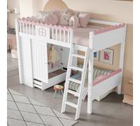 Cama individual para niños, 90x200 cm, con iluminación LED, armario, cajón de almacenamiento, madera de pino (sin colchón), color blanco