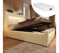 Cama individual STILVORA de 90x200 cm con colchón, espacio de almacenamiento y cajón hidráulico, cabecero acolchado con control LED a través de una aplicación y puertos USB/Type-C, cama con espacio de