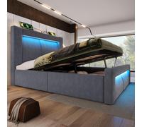 Cama individual STILVORA de 90x200 cm con espacio de almacenamiento y base hidráulica, cama tapizada con control LED a través de una aplicación y puertos USB/Type-C, cama con espacio de almacenamiento