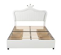 Cama infantil 140x200 cm - cama individual con diseño de corona para niñas, pu, con almacenamiento, luces led, somier y respaldo - blanco