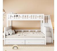 Cama infantil 90 x 200/140 x 200 cm, litera de madera maciza con escalera de seguridad, dos amplios cajones y somier de láminas (Modelo 708)