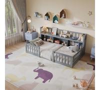 Cama infantil 90 x 200 cm con biblioteca integrada y barreras, color blanco | Cama de suelo, somier de láminas, madera de pino macizo, para niños y adolescentes, cama individual para niños y niñas