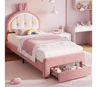 Cama infantil 90 x 200 cm con LED, cama tapizada para niñas con cajón | Cama infantil de 90 x 200 cm, cama individual para niñas con cabecero ajustable, cama de princesa rosa con somier, terciopelo