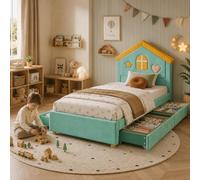 Cama infantil 90 x 200 cm, tapizada con cabecero y espacio de | Cama individual juvenil con 4 cajones, cama de casa con somier, para niños y niñas, cama de almacenamiento, sin colchón