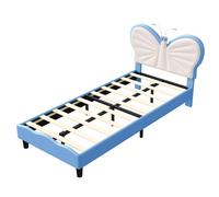 Cama Infantil 90x190 cm Azul y Blanca con Cabecero Mariposa, Cama Juvenil Tapizada con Luz de Lectura para Habitación de Niños y Niñas