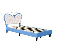 Cama Infantil 90x190 cm con Cabecero Forma de Mariposa y Lámpara LED de Lectura Integrada, Tapizado Suave en Azul y Blanco