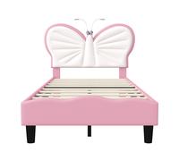 Cama Infantil 90x190 cm con Cabecero Mariposa, Cama Niña Tapizada Rosa y Blanca con Luz de Lectura LED, Cama Princesa para Habitación Infantil, Estructura Acolchada Suave para Niñas y Adolescentes