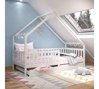 Cama infantil ALVA de madera maciza de pino, color blanco: cama con dosel, tipi con cajones, cama para habitación infantil, cama Montessori de altura baja, ideal para habitaciones con techos inclinado