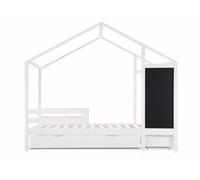 Cama infantil, cama alta blanca 90x200 cm, casita de madera maciza con valla y somier, 2 cajones, ruedas, almacenaje, pizarra (sin colchón) chollud