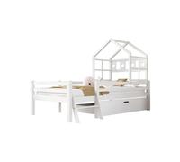 Cama infantil,cama alta,cama cabaña de madera de pino 90x200cm con 1 cajón,escalera y protección contra caídas,en forma de casa,blanco