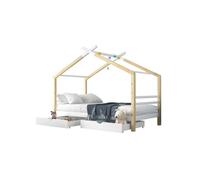 Cama infantil,cama cabaña de madera de pino 90x200cm con 2 cajónes,en forma de casa,blanco+color madera