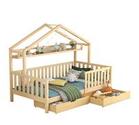 Cama infantil,cama cabaña de madera de pino 90x200cm con 2 cajónes,estante y protección contra caídas,natural