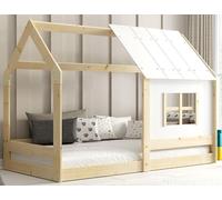 Cama infantil con dosel, cama nido de 80x160, cama con somier, cama individual de madera maciza (color natural), ideal para niños y niñas, con protección anticaídas y somier