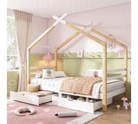 Cama infantil con estructura de madera de pino y MDF, de 90x200 cm, con cajones. Cama con forma de cabaña y diseño cercano al suelo, con espacio de almacenamiento en color blanco y color madera