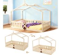 Cama infantil con protección anticaídas, estructura de listones y techo de 90x200cm, cama tipo cabaña de madera, cama Montessori para el suelo, para la sala de juegos de los niños BLANCO
